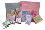 Auf dem Bild sieht man verschiedene bunte Papiere, zwei Origamibücher und bereits fertige Origami z.B. eine Schildkröte und kleine Schachteln.